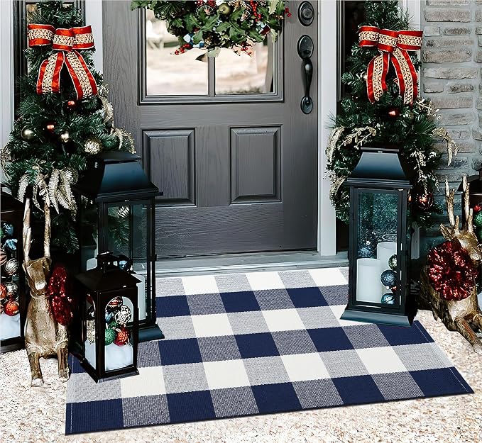 Front Door Mat Outdoor 24''x35''Blue and White Buffalo Plaid Area Rug Machine Washable Cotton Woven Layering Doomat for Hello/Welcome Mat Porch，Kitchen,Farmhouse,Entryway,Bedroom