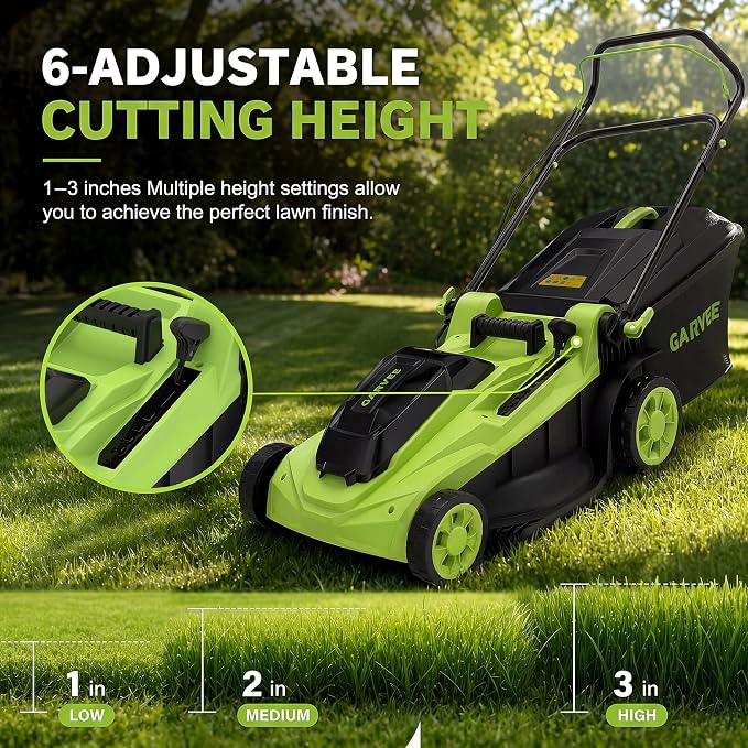 Garvee Cordless Lawn Mower, 17-Inch Battery Powered Electric Push Mower, 2-in-1 Mulching & Bagging, 6 Cutting Heights, 40L Grass Bag, Lightweight Walk-Behind Mower for Small to Medium Yards, Green