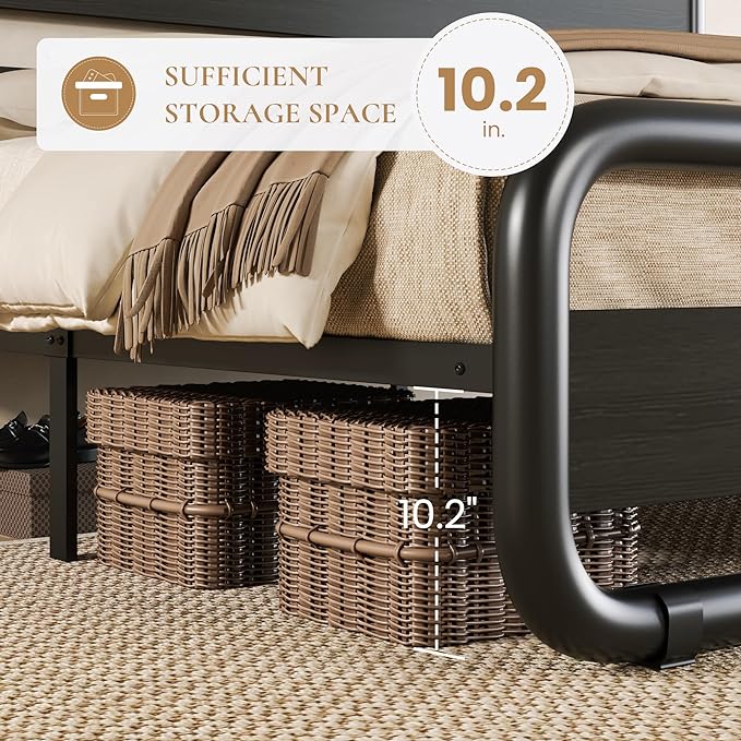 SHA CERLIN King Size Metal Bed Frame with Wooden Headboard and Footboard, Heavy Duty Platform Bed Frame with 10" Under-Bed Storage, Noise-Free, No Box Spring Needed, Black