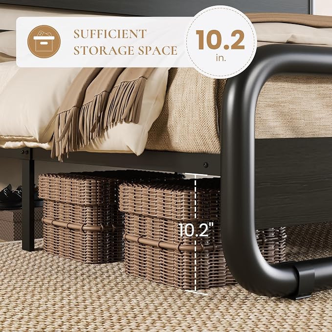 SHA CERLIN Full Size Metal Bed Frame with Wooden Headboard and Footboard, Heavy Duty Oval-Shaped Platform Bed Frame with 10" Under-Bed Storage, Noise Free, No Box Spring Needed, Black