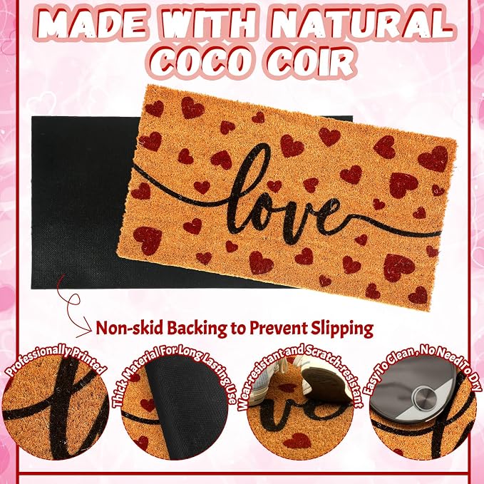 Ceenna Valentine's Day Doormat Outdoor Valentine's Coir Doormat with Non-Slip Backing Red Heart Love Valentines Day Outdoor Mat Front Porch Rugs for Home Entrance, 16 x 28 Inches