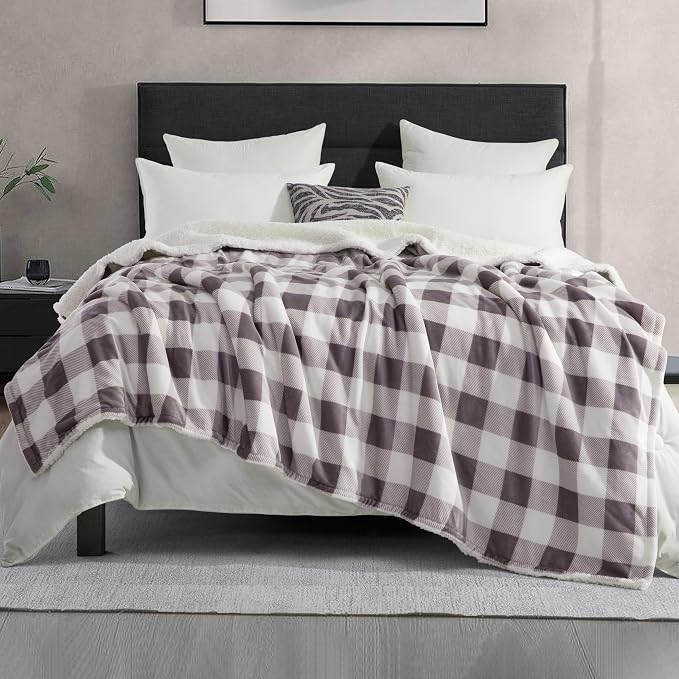 Elegant Comfort Ultra Soft Reversible Buffalo Plaid Flannel Sherpa Blanket - Cozy Silky Checkered Fleece Throw for Couch, Bed - Plush Fuzzy Warm Winter Blanket for Gift, Twin, Gray