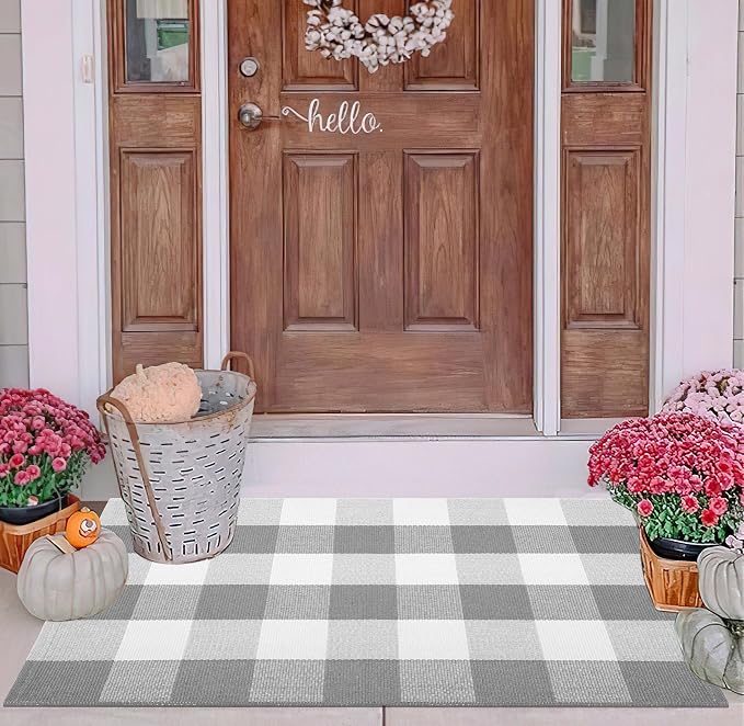 Door Mats Outdoor 24''X35'' Buffalo Plaid Front Porch Rug Cotton Woven Washable Outdoor Rug Small Area Rug for Welcome Door Mat Entryway Dining Room Bedroom Living Room