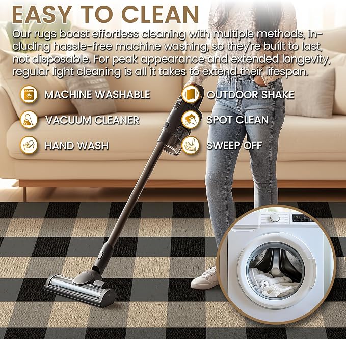 Washable Checkered Easy Jute Rug 3x5, Black Grey Plaid Checkerboard Boho Outdoor Indoor Patio Small Rugs, Woven Non Slip Thin Neutral Carpet Door Mat for Bedroom Entryway Front Door Farmhouse