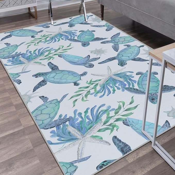 Tritard Coastal Sea Turtles Area Rugs Beach Themed Nautical Non Slip Area Rugs Stain Resistant Washable Accent Rugs Non Shedding Floor Carpet for Living Room Bedroom, Teal, 4x6 Feet
