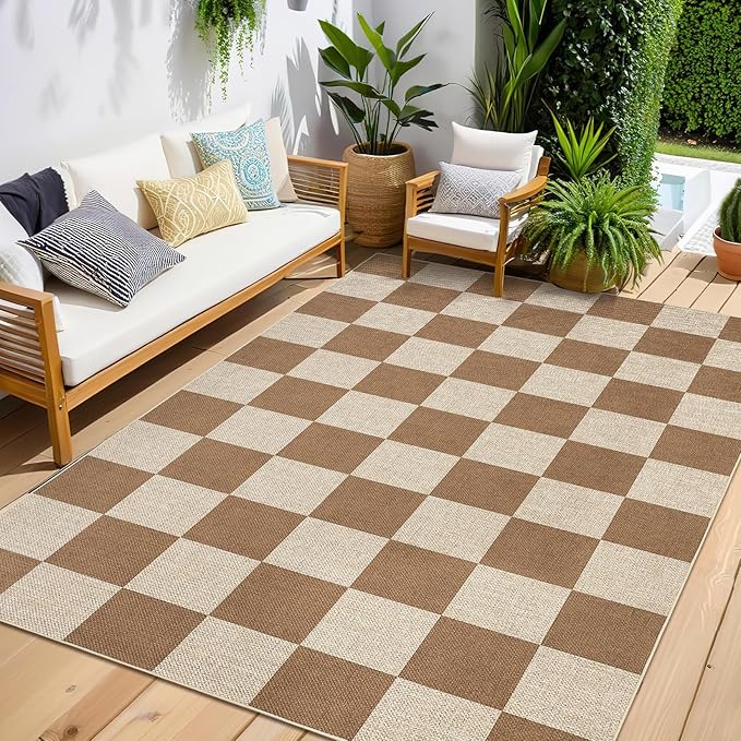 GarveeHome 9x12 Checkered Easy Jute Rugs for Bedroom Machine Washable Large Rugs Non-Slip Backing Modern Neutral Stain Resistance Carpets for Farmhouse Patio Dining Room Backyard Brown
