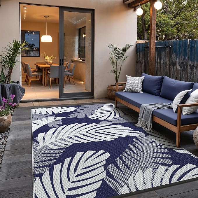 GENIMO Outdoor Rug, Waterproof Plastic Rugs for Patio, 6'x9' Blue White | Outside Larger Leaf Carpet Mat for Porch Decor, Deck, Balcony, Camping, RV, Backyard, Picnic, Beach, Reversible, Foldable