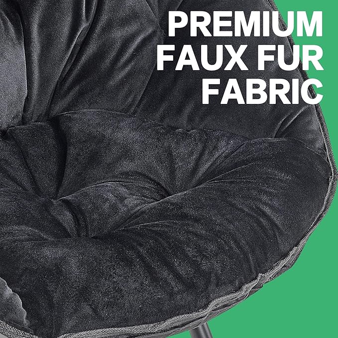 VECELO Saucer Chair for Adults, Folding Moon Chair with Metal Frame, Faux Fur for Bedroom, Living Room, Dorm Room, Apartment, Black