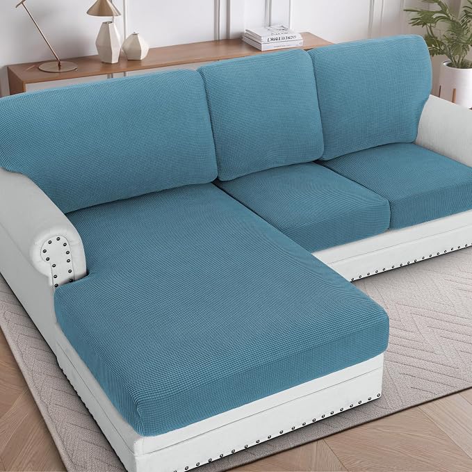 H.VERSAILTEX Sectional Couch Covers 3 Pieces Sofa Seat Cushion Covers L Shape Separate Cushion Couch Chaise Cover for Both Left/Right Sectional Couch (Seat Only: 1 Chaise + 2 Sofa, Storm Blue)