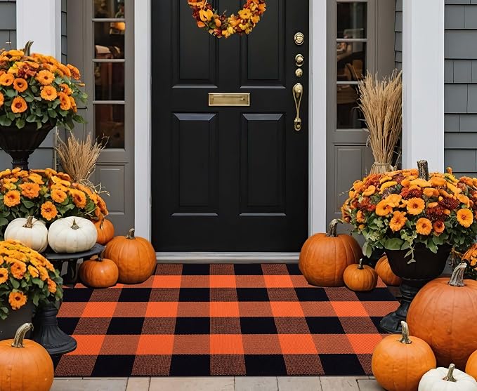 Fall Layered Doormat 27.5 x 43 inch,Orange and Black Plaid Rug Cotton Woven Washable Front Door Mat Outdoor Checkered Area Rug for Porch,Entryway,Farmhouse,Halloween,Indoor,Outdoor