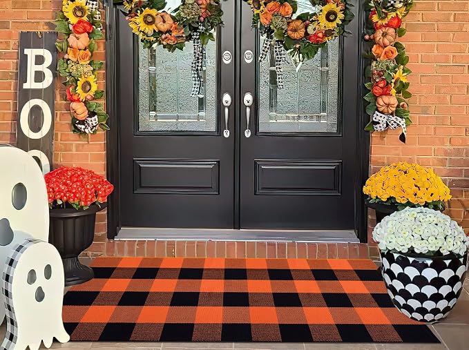Orange and Black Outdoor Rug 2x4ft,Halloween Front Porch Rug Fall Cotton Woven Washable Layering Rug for Porch,Entryway,Hallway Indoor Outdoor
