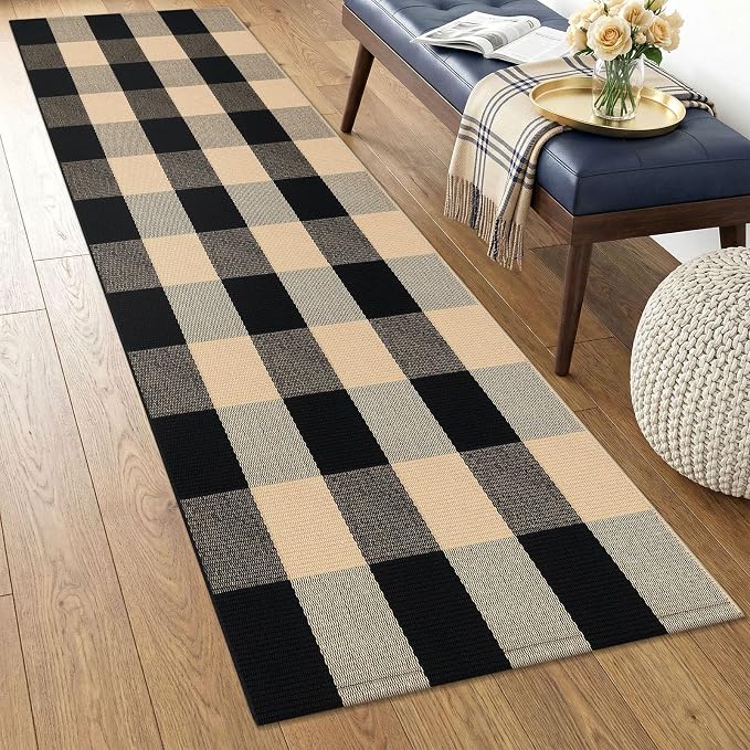 KOZYFLY Buffalo Plaid Area Rugs 2x4.3 Ft Brown and Black Rug Washable Front Door Mat Woven Cotton Indoor Outdoor Rug for Front Porch Kitchen Entryway Patio Farmhouse Checkered Doormat