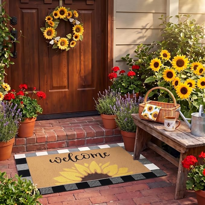 Tinideya 2 Pcs Summer Door Mat Sunflower Welcome Non Slip Coir Mats Floral Buffalo Plaid Floor Layering Doormats for Home Front Door Porch Entryway Decor