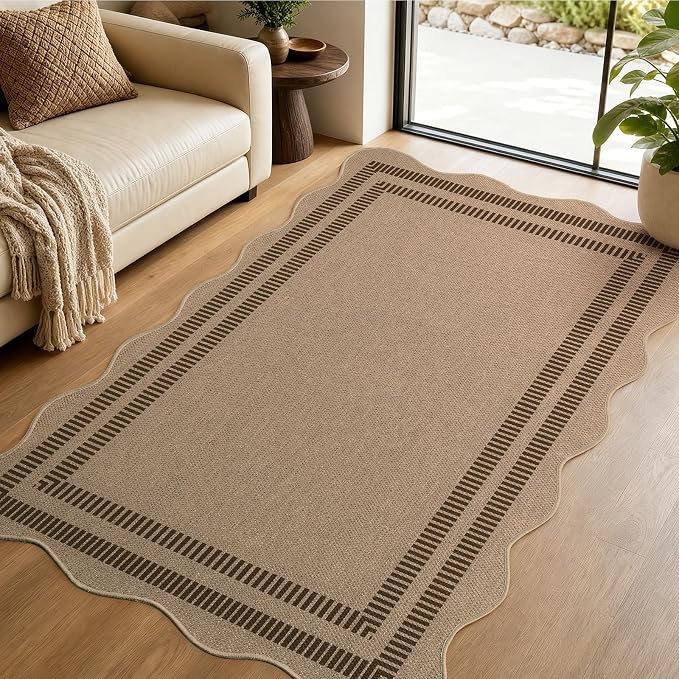 EDIMENS Scalloped Easy Jute 3x5 Outdoor Rug, Washable Non-Slip Geometric Tan Rugs for Entryway, Indoor Outdoor Farmhouse Rug Modern Carpet Door Mat Area Rug for Patio Living Room Porch Kitchen