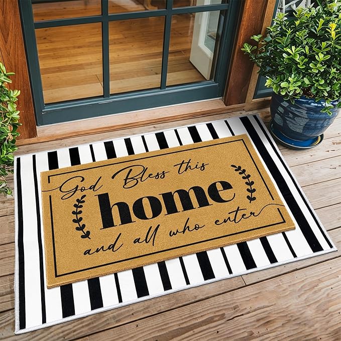 2 Pcs Coir Door Mat Welcome Mats for Front Door Black White Striped Layering Rug for Porch Outdoor Entrance Doormats Non Slip God Bless Matt for Religious Gifts Christian Rugs for Patio 23.6"x35.4"