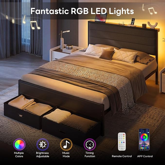 LIKIMIO Queen Size Bed Frame with 2 Storage Drawers, Upholstered Headboard | Queen Platform Bed Frame with Charging Station & LED Lights, Modern Style, Noise Free, No Box Spring Needed, Black and Grey