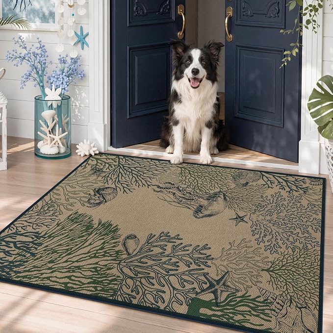 Tribesigns 3x5 Blue Green Coastal Easy Jute Outdoor Rug for Front Door | Washable, Non-Slip, Low-Pile Ocean Animal Design for Entryway, Porch, Patio and Beach House Decor, Includes 4 Rug Grippers
