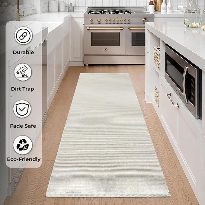 THE BEER VALLEY Woven Kitchen Runner Rug 2x6 Feet - Ivory | Non Slip Outdoor Long Entry Door Runners for Hallways, Washable Indoor Bathroom Low Profile Cream Rugs