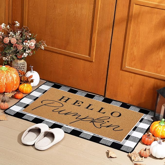 Tinideya 2 Pcs Door Mat Welcome Non Slip Coir Mats Floor Layering Doormats Seasonal for Front Porch Entryway Decor(Black White Plaid)