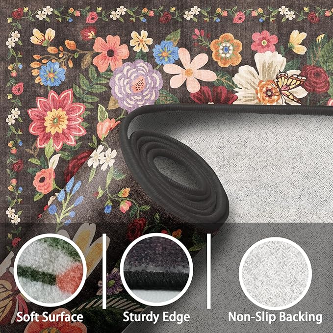 Rug for Hallways Kitchen Rug 2'6" x 14', Non Slip Washable Rugs with Rubber Backing Soft Floral Carpet Runner for Hallways, Kitchen, Laundry, Bedroom, Bathroom(2.6 x 14, Black/Brown)