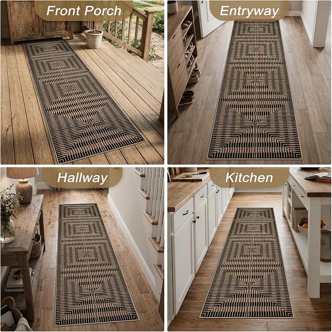 LIVEBOX Easy Jute Indoor Outdoor Runner Rug 2x6, Washable Runners for Hallways Non Slip, Farmhouse Geometric Striped Rugs for Kitchen, Entryway (Black)