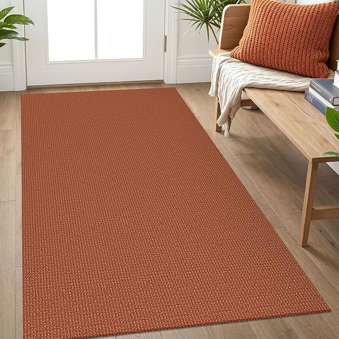 IOHOUZE Washable Area Rug 3x5 Non Slip Rubber Backed Woven Rugs for Entryway Rugs Indoor Outdoor Doormat Throw Rug Floor Carpet for Entrance Kitchen Front Door, Burnt Orange/Tan