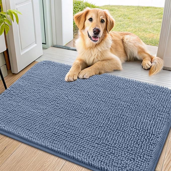 Smiry Dog Door Mat for Muddy Paws 34x21, Absorbent Dirt Trapper, Non-Slip Washable Chenille Entryway Rug for Inside Floor, Airy Blue, Classic Solid