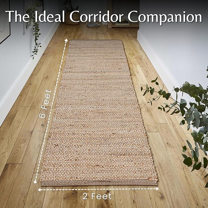 Hausattire Jute Woven Runner Rug 2'x6' - Natural, Hand Braided Boho Reversible Area Rugs for Kitchen, Living Room | Farmhouse Indoor Outdoor Long Mat for Bedroom, Natural Fiber Patio Mats - 24x72 Inch