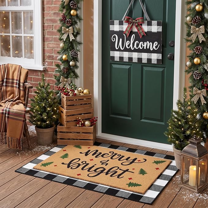 Tinideya 2 Pcs Door Mat Welcome Non Slip Coir Mats Floor Layering Doormats Seasonal for Front Porch Entryway Decor(Rustic Christmas)