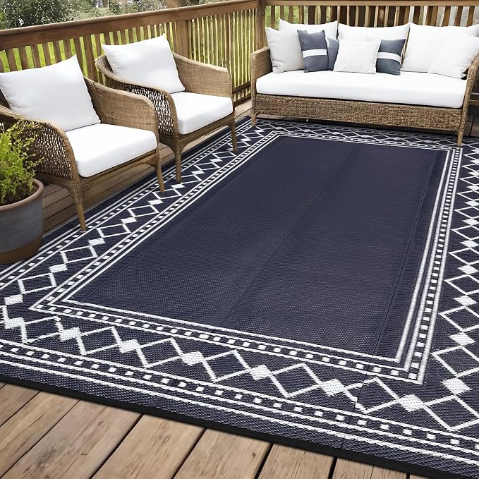 Waterproof Reversible Outdoor Rug – Durable Plastic Straw Patio Mat, Easy-Clean, Carry Bag & Stakes – Modern Geometric Edge, 9x12ft, Black Blue/White – Specification
