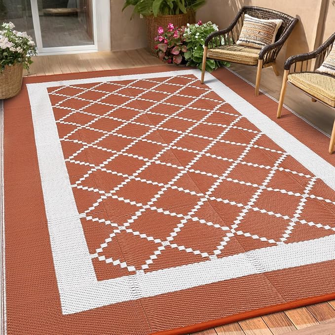 Outdoor Rug 8x10ft Waterproof Reversible Plastic Straw Carpet Modern Orange & White Patio Mat Lightweight Easy Clean UV-Resistant for Deck RV Camping Beach Balcony 尺寸: