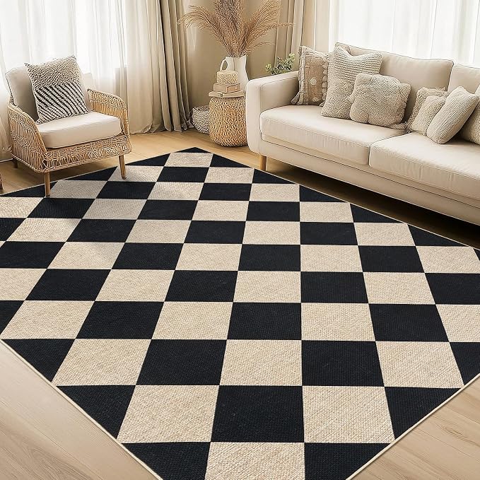COZYLOOM Washable Area Rugs 5x7 Geometric Rug Modern Diamond Print Area Rug for Bedroom Non Slip Non Shedding Floor Cover Stain Resistant Contemporary Carpet for Living Room, Dining Room, Black