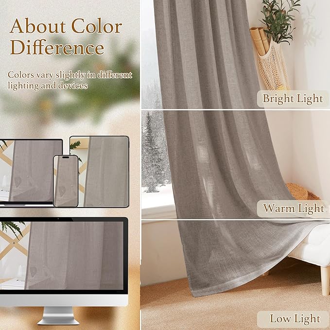 RYB HOME Linen Textured Curtains Semi Sheer Window Curtains Light Filtering - Image 8