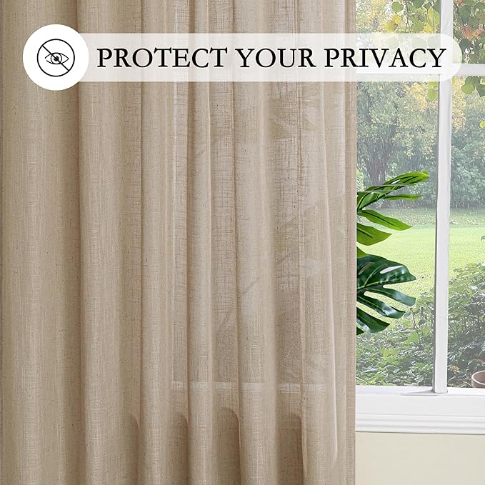 MYSKY HOME Taupe Sheer Curtains 63 inch Length Semi Sheer Curtains for Bedroom Light Filtering Short Window Treatment Privacy Protect Boho Farmhouse Soft Drapes Set, Back Tab, 50" Wide, 2 Pieces