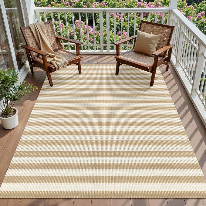 Rugalia Washable Woven 5x7 Area Rug, Natural Beige Striped Cotton Living Room Rugs Low Plie Non-Slip Outdoor Patio Rug, Modern Farmhouse Neutral Floor Carpet for Dining Room Bedroom Balcony