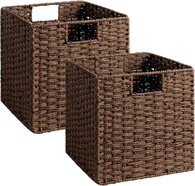 StorageWorks 11 inch Cube Storage Bins,Wicker Storage Cubes 11x11x11,Brown | 2-Pack,Handwoven Square Cubes Baskets,Foldable Paper Rope Baskets for Organizing,Square Baskets,Wicker Basket for Storage