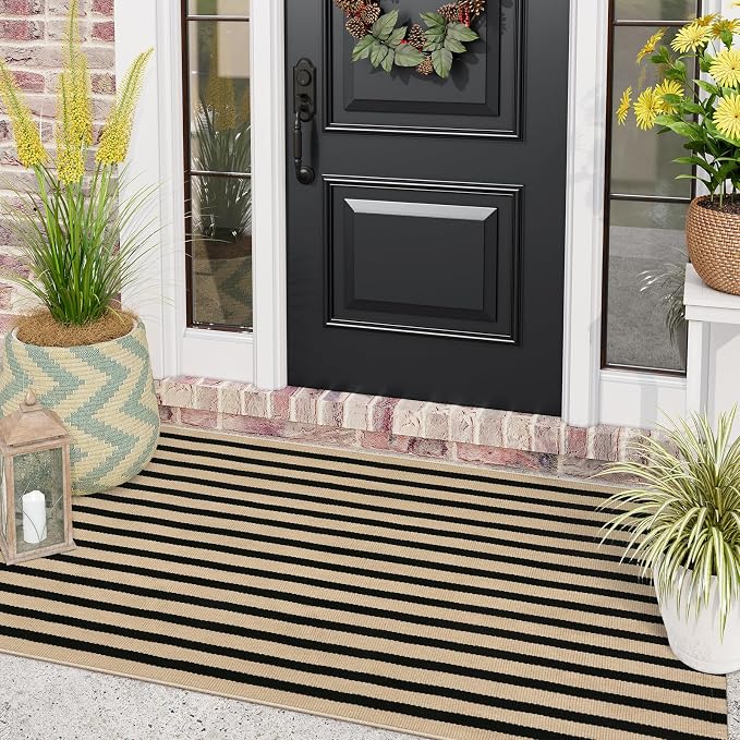 LEEVAN 3'X5' Black and Tan Striped Woven Cotton Reversible Outdoor Rug | Small Machine Washable Front Porch Rug, Entryway Door Mat, Indoor Layering Carpet for Farmhouse Bathroom Laundry