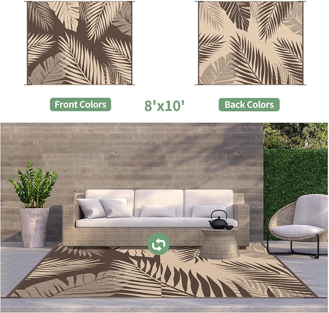 GENIMO Outdoor Rug, Waterproof Plastic Rugs for Patio, 8'x10' Coffee Beige | Outside Larger Leaf Carpet Mat for Porch Decor, Deck, Balcony, Camping, RV, Backyard, Picnic, Beach, Reversible, Foldable