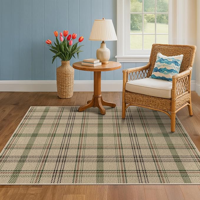 JTJ Easy Jute 4x6 Entryway Rug, Washable Indoor Outdoor Farmhouse Plaid Rug, Non Slip Area Rug for Front Door, Living Room, Patio and Bedroom