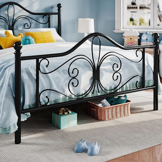SHA CERLIN Queen Size Metal Bed Frame with Butterfly Headboard, Black | Metal Platform Bed for Kids, Wrought Iron-Art Headboard/Footboard, Under-Bed Storage, No Box Spring Needed, Easy Assembly