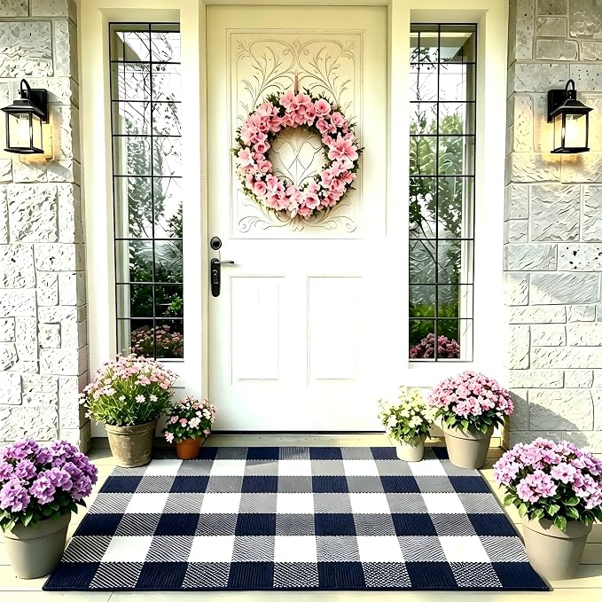 Navy Blue and White Buffalo Plaid Rug 2'4'' x 3'7'', Washable Farmhouse Non-Slip Checkered Doormat, Indoor Outdoor Floor Mat for Living Room, Bedroom, Entryway, Kitchen, Laundry Room