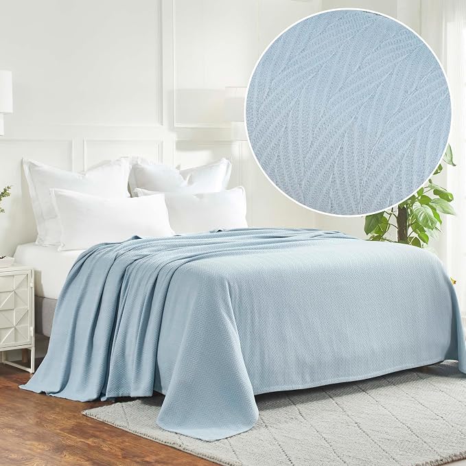Superior Metro All-Season Cotton Blanket, Woven Blanket for Couch, Bed, Bedding, Farmhouse, Home Essentials, Cute and Cozy Bohemian Blankets, Herringbone Weave, King, Light Blue