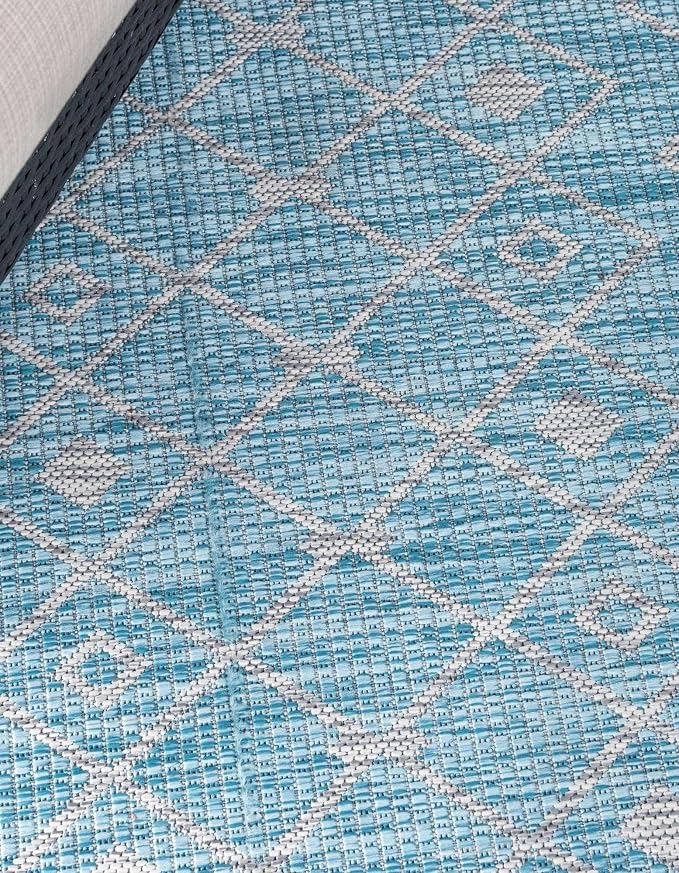 Unique Loom Outdoor Trellis Collection Area Rug - Tribal Trellis (13' Square, Aqua/ Ivory)