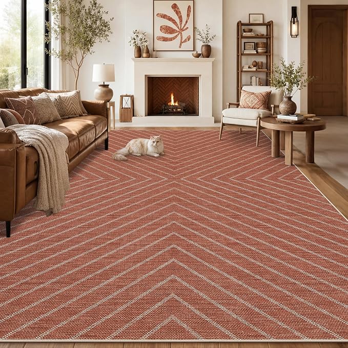 Garvee Easy Jute Striped Outdoor Rug 8x10, Terracotta Washable Indoor Outdoor Area Rug for Patio, Porch, Deck, Dining Room, Living Room, Non Slip Farmhouse Low Pile Non Shedding Floor Carpet 8'x10'