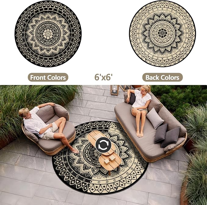 Round Outdoor Rugs for Patios, 6Ft Waterproof Reversible Plastic Straw Mat with Carry Bags, Boho Lightweight Outdoor Carpet Portable Round Floor Mat for Patio Camping Picnic Backyard RV,Black Camel