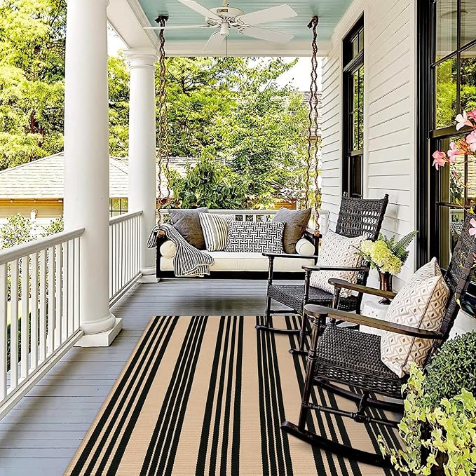 KIMODE Indoor Outdoor Rug 4'x6',Washable Reversible Black and Khaki Striped Rug,Cotton Hand Woven Patio Rug Floor Carpet, Farmhouse Fall Decor Porch Rug for Outdoor Backyard Living Room