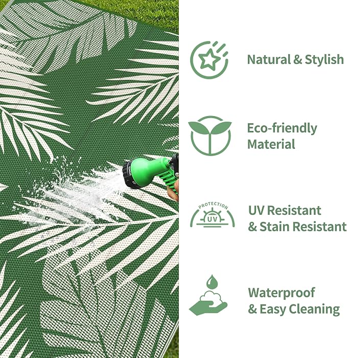 GENIMO Outdoor Rug, Waterproof Plastic Rugs for Patio, 5'x8' Dark Green | Outside Larger Leaf Carpet Mat for Porch Decor, Deck, Balcony, Camping, RV, Backyard, Picnic, Beach, Reversible, Foldable