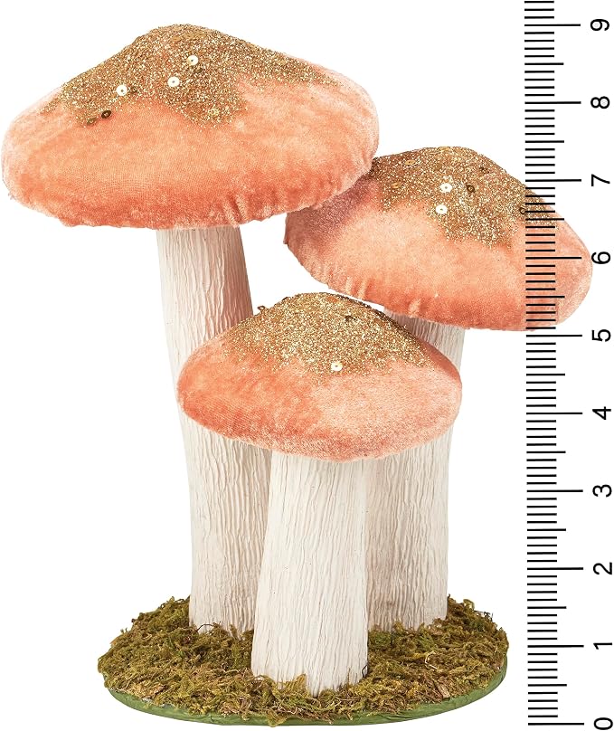 Primitives by Kathy Mushroom Trio Sitter, pink foam mushrooms uniquely detailed/velvet glitter accents/natural foliage detail base/nature themed home accent for seasonal/everyday/garden decor/gfitable