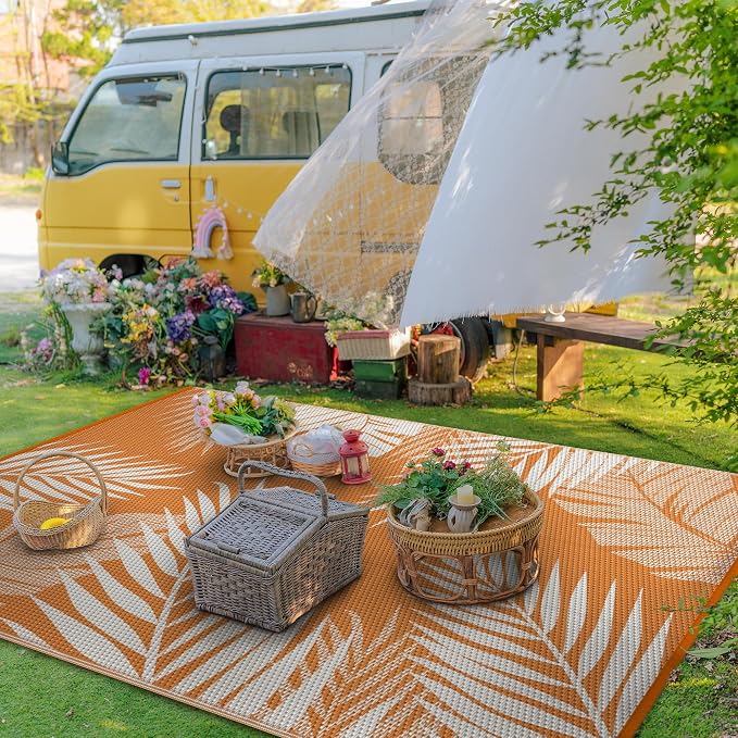 GENIMO Outdoor Rug, Waterproof Plastic Rugs for Patio, 6'x9' Orange White | Outside Larger Leaf Carpet Mat for Porch Decor, Deck, Balcony, Camping, RV, Backyard, Picnic, Beach, Reversible, Foldable