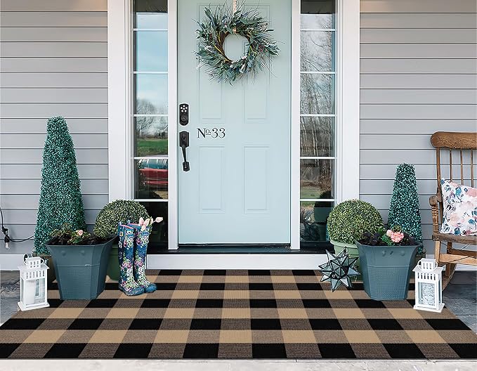 Outdoor Rug 3'x5' Tan and Black Checkered Porch Rug Cotton Woven Washable Area Rug Indoor Outdoor Door Mats for Welcome Layered Porch Entryway Bedroom Living Room